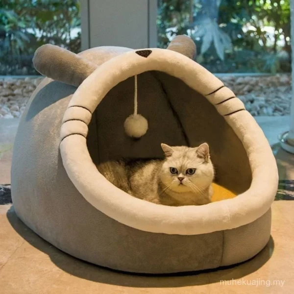 Cozy Cat Bed Cave House Soft Plush Kennel for Kittens Small Dogs, Warm Pet Sleeping Bed with Hanging Ball Toy