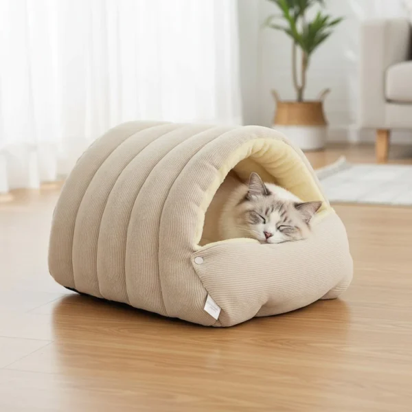 sg-11134201-822z4-mo83w3n3cwsm39.webp Warm Enclosed Cat Bed Corduroy Plush Cats Tent Calming Pet Nest Cave for Cats Dogs