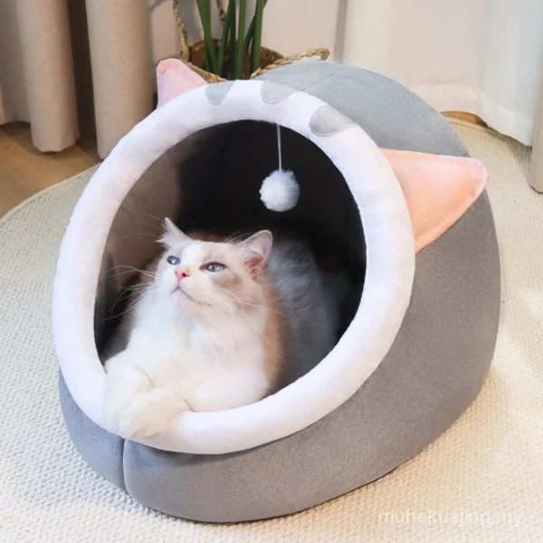 Cozy Cat Bed Cave House Soft Plush Kennel for Kittens Small Dogs, Warm Pet Sleeping Bed with Hanging Ball Toy